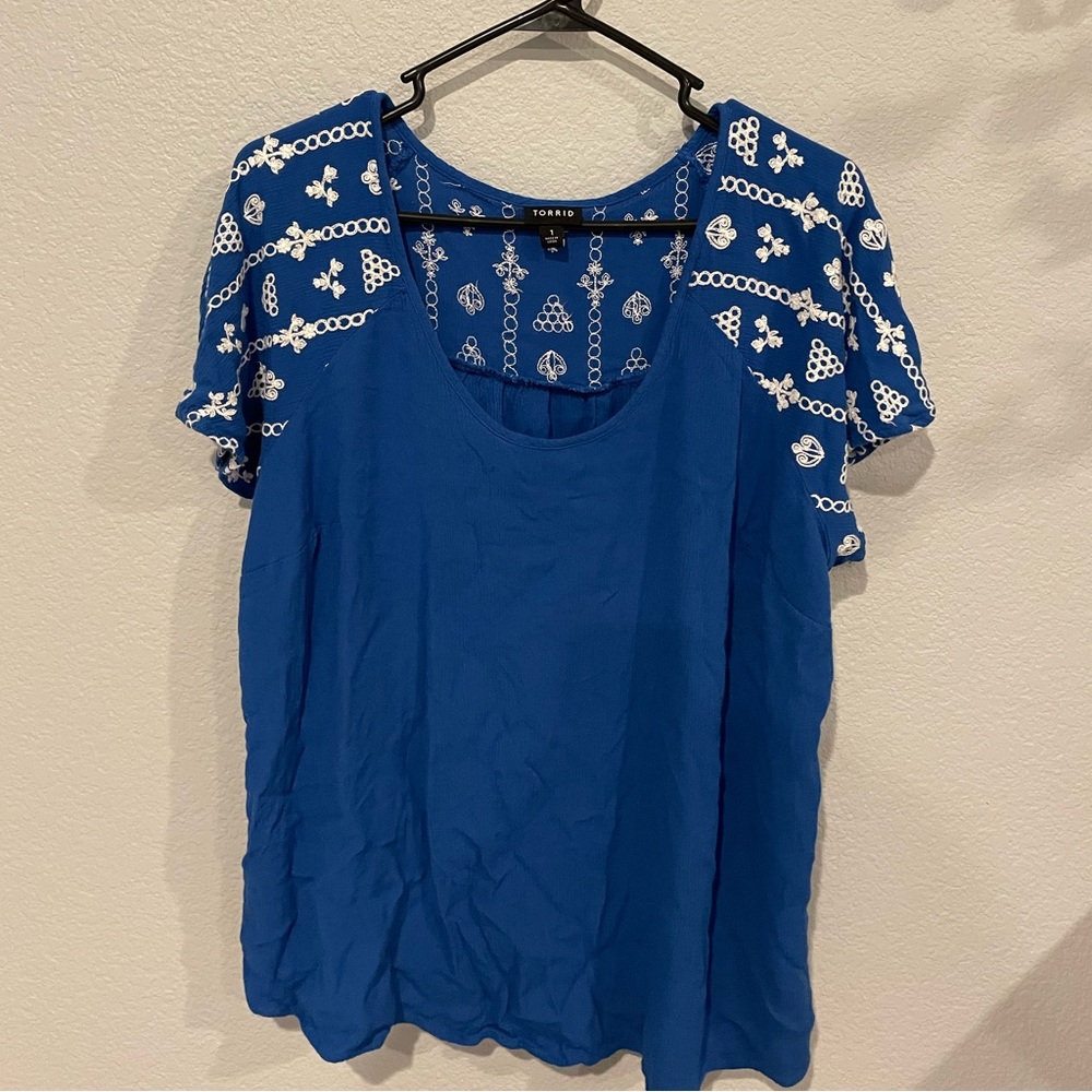 Blue Embroidered Gauze Blouse Torrid 1X